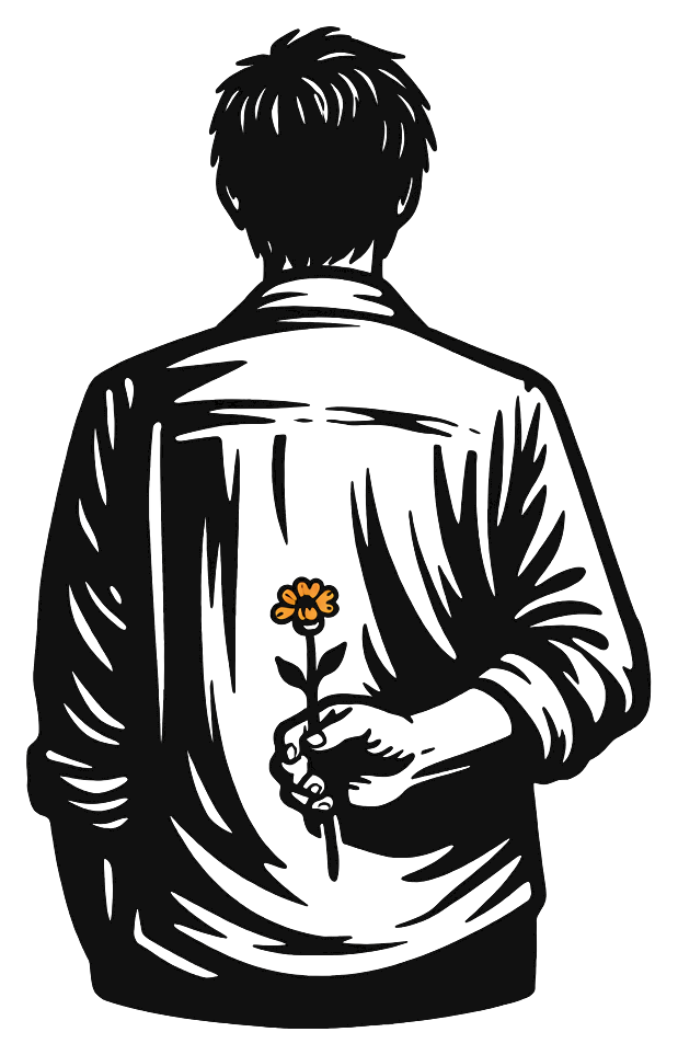 A figure seen from behind, holding a small flower behind their back.